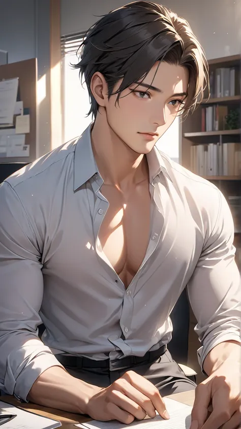 ((photorealism:1.2), very Handsome japanese man, 22-27 year-old, business man, wear tight shirt unbuttoned first, second and third buttons, in the office, working 