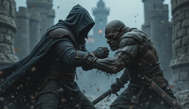 A logo, A mysterious figure, wearing dark hooded cloak, medium armor, dark medieval fantasy, dark castle blurred in background, fighting against an orc marauder