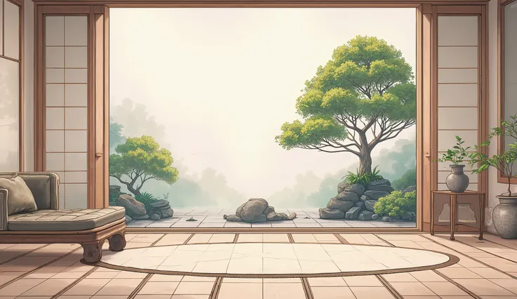 illustration in soft colors predominating , minimalism of a Japanese style living room with window to see the minimalist Japanese garden with bonsai trees, the stage evokes energy and elegance