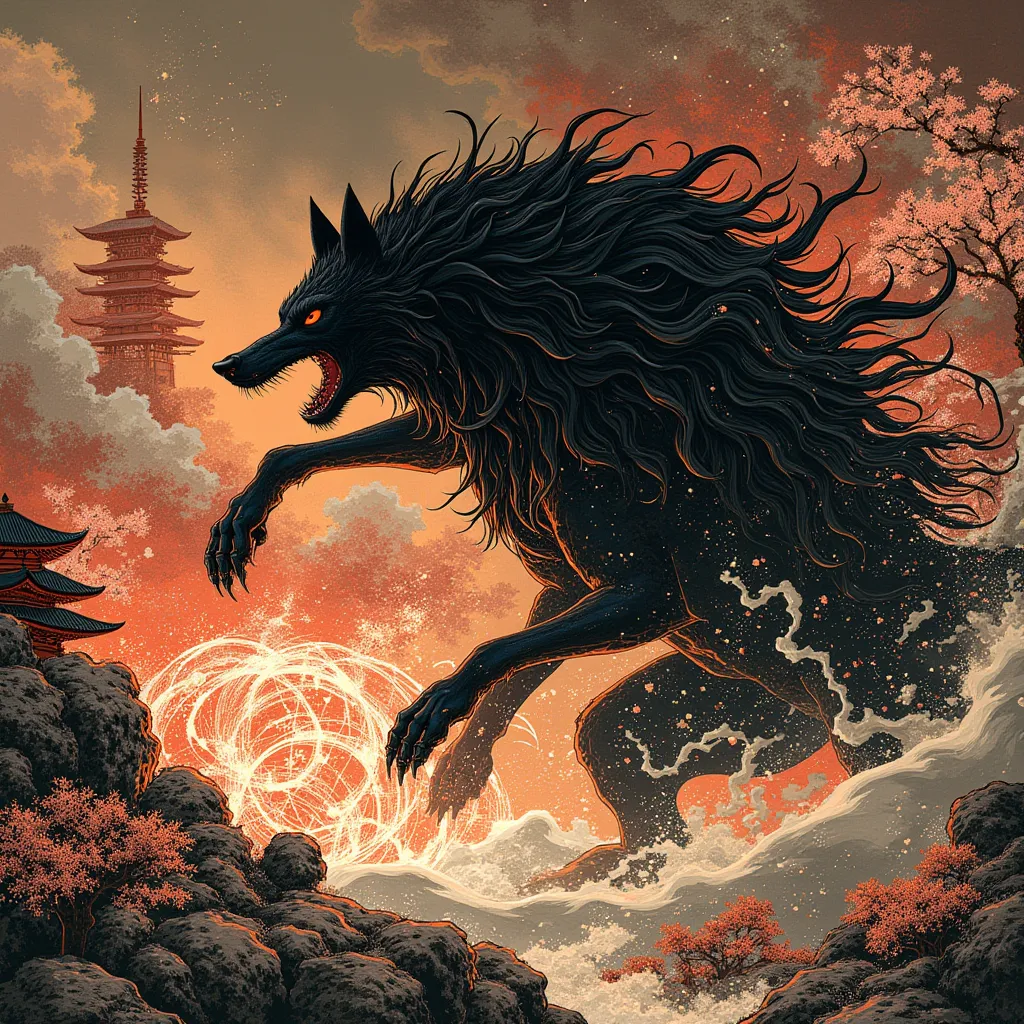 a black god wolf fighting against a money trap .In a Japanese art 