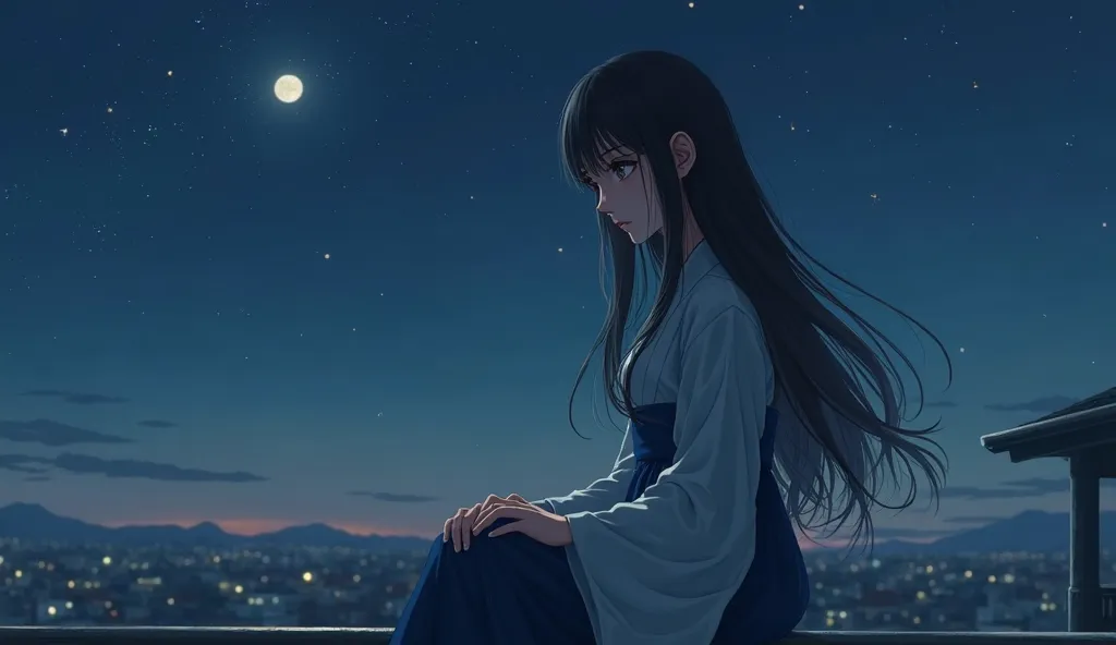 **4K Ultra HD, Realistic Image Prompt:**  

*"An 18-year-old beautiful girl with long, flowing hair, sitting alone on the rooftop at night. The soft moonlight casts a gentle glow on her delicate features, highlighting the sadness in her deep, expressive ey...