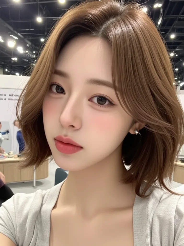 A kpop girl, Japanese, pretty, bob, brown bob, cute visuals, looks like Yuna from Itzy, stunning, plump lips, instagram selfie, trendy, at a modeling event 