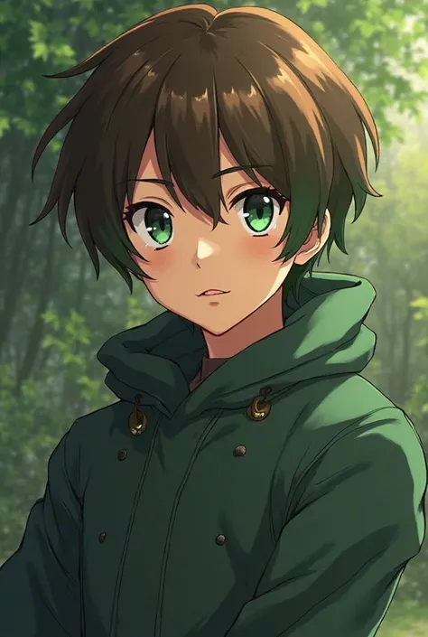 anime style poster. A VERY attractive boy with dark green eyes, with hair, with brown hair and a dark green gradient in the hair, Cinnamon-tone skin, WITH CLOTHES AND ACCESSORIES THAT DISTINGUISH HIM AS A BEING OF NATURE, very attractive, What looks seriou...