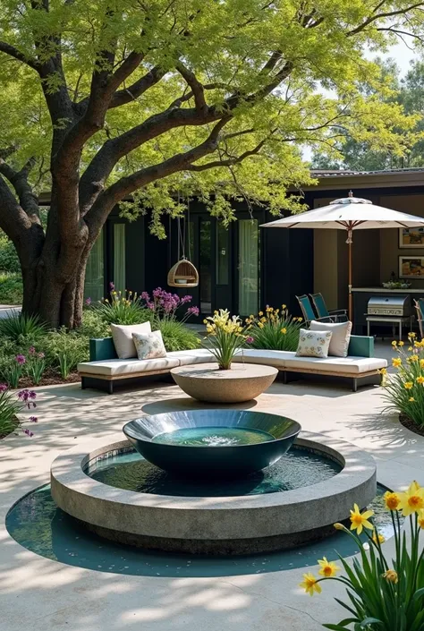 Architectural professional 3D rendering of the design of a space in the garden with a stone bowl in dark blue color where the sides of this stone bowl are connected to the atmosphere of water and in the middle of the water fountain bowl, and in the other c...