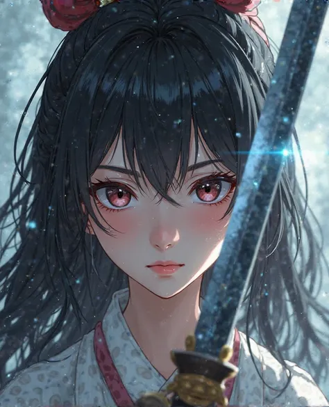 masterpiece. Great detail. Great little detail. Great little detail. Female warrior, beautiful woman, white, black hair. A Japanese woman holds a Katana sword that sparkles in front of her. ((Focus on the image of a white fox demon in ancient Japanese myth...