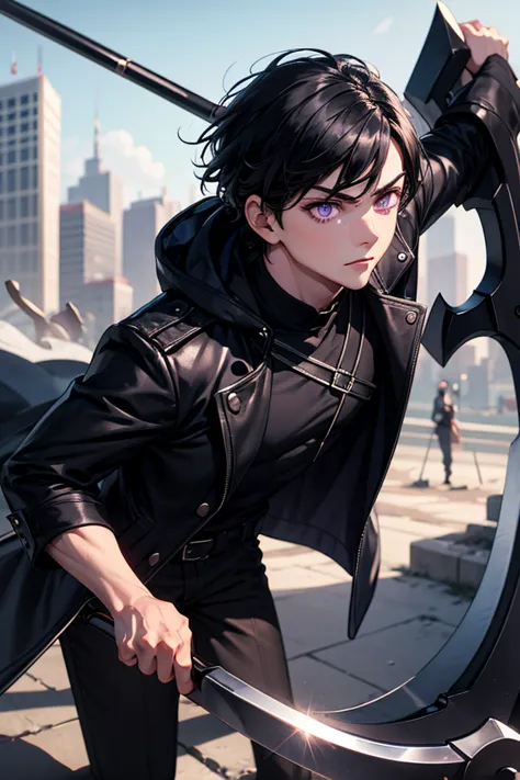 Boy with black hair and violet eyes. He is badass clothes and a scythe