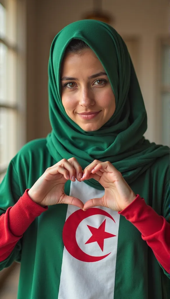 A picture of an Algerian girl with the Algerian flag logo on her clothes. Her name is Ibthal. She is 28 years old and attractive and wears a hijab and attractive clothes. Her looks are bold and draw a heart with her hand 