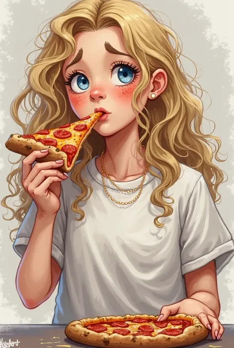 Give me a good drawing cover for my story of a really Big FAT white girl with really blonde curly hair and blonde eyes and freckles and blue eyes and she’s wearing baggy t shirt and she’s eating a pizza by herself and she’s crying 