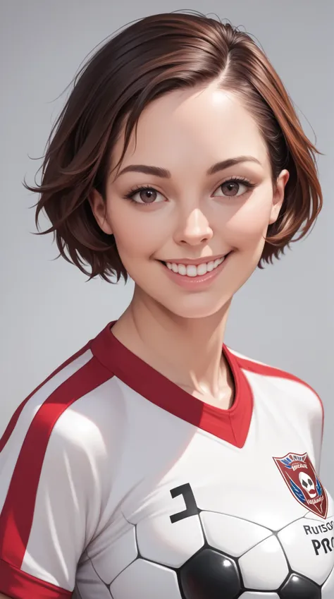 (grey background:1.5, close shot:1), (photorealistic:1.4), (best quality:1.0), (ultra highres:1.0), 8k, RAW photo, (masterpiece:0.2), 1girl, beautiful skin, detailed skin, big smile, teeth, (short hair:1), (soccer uniform:1.2)