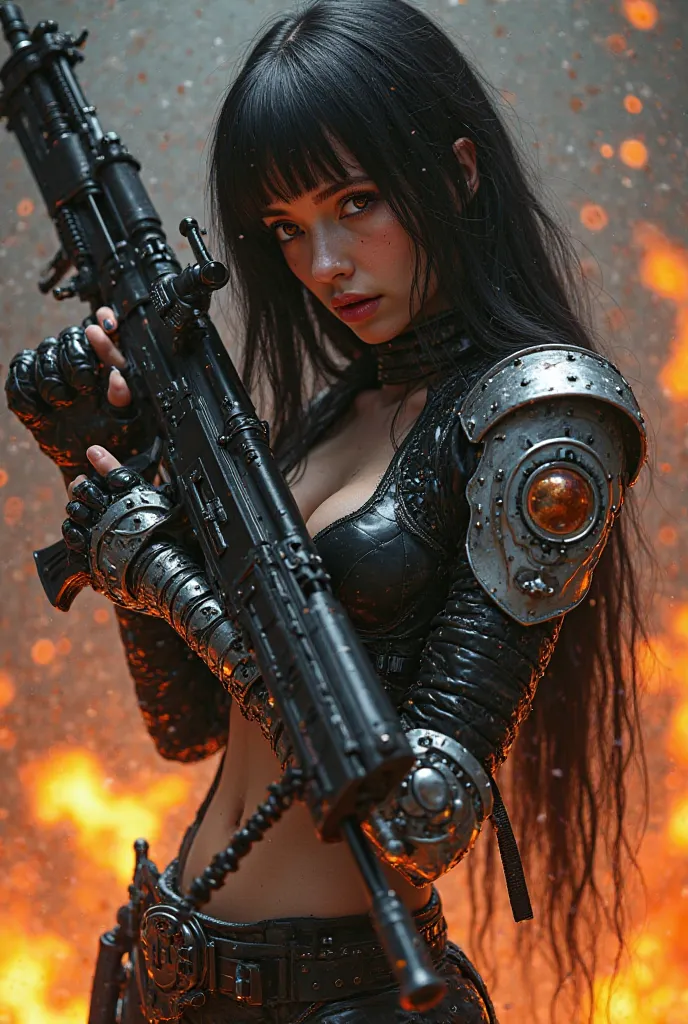 16k image of seductively alluring sexy girl with long glossy black hair and pale skin with glowing red eyes wearing a futuristic liquid leather black combat attire fused with heavy metal armored ornaments and a full length silver metallic hand armor, posin...