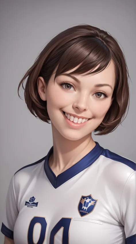 (grey background:1.5, close shot:1), (photorealistic:1.4), (best quality:1.0), (ultra highres:1.0), 8k, RAW photo, (masterpiece:0.2), 1girl, beautiful skin, detailed skin, big smile, teeth, (short hair:1), (soccer uniform:1.2)