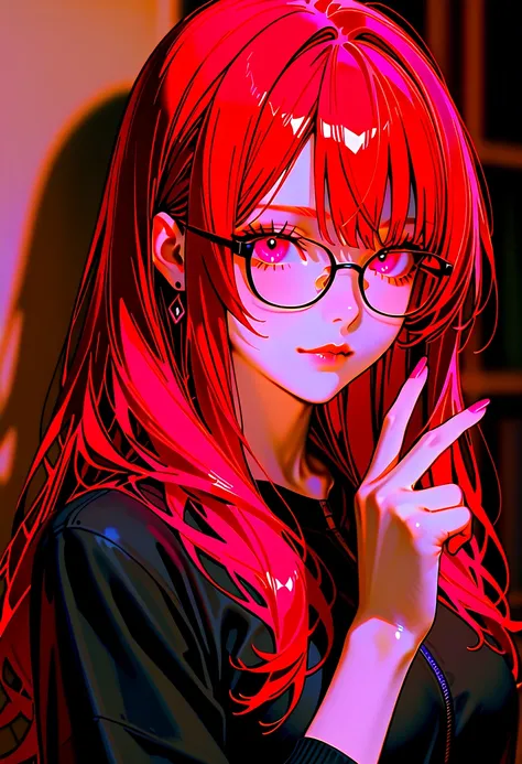 1 woman, long hair, red hair, pink eyes, wearing glasses, wearing black clothes