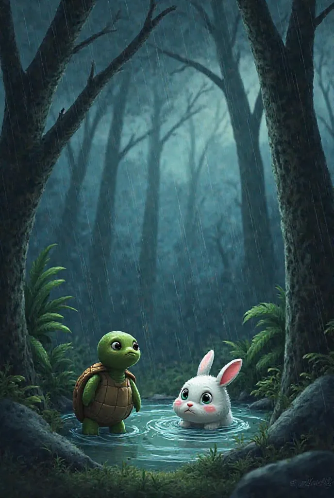 "A stormy forest scene with heavy rain and dark clouds. The small white rabbit looks sad and wet as water floods its burrow. The green turtle, standing nearby, looks concerned, thinking of a way to help."
