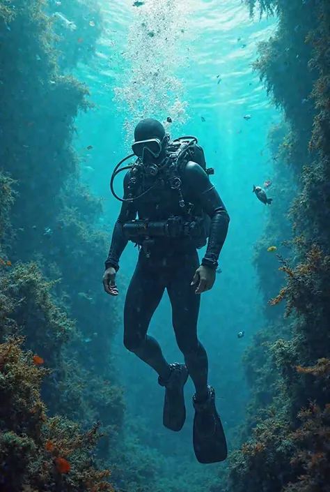 Deep underwater scuba diver