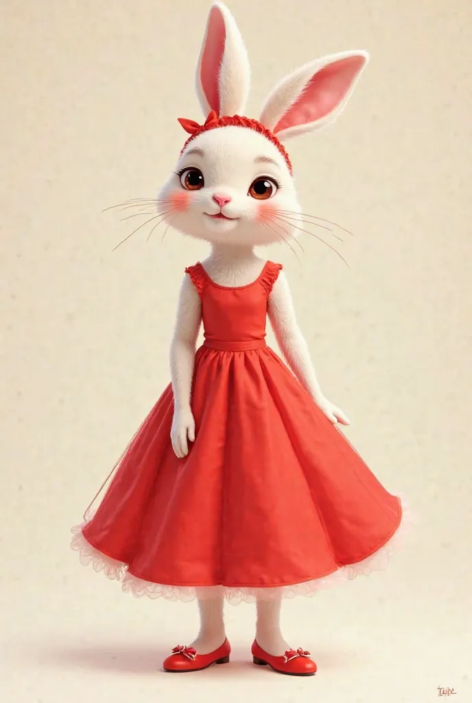 a rabbit wear a red dress and a hair band and shoe