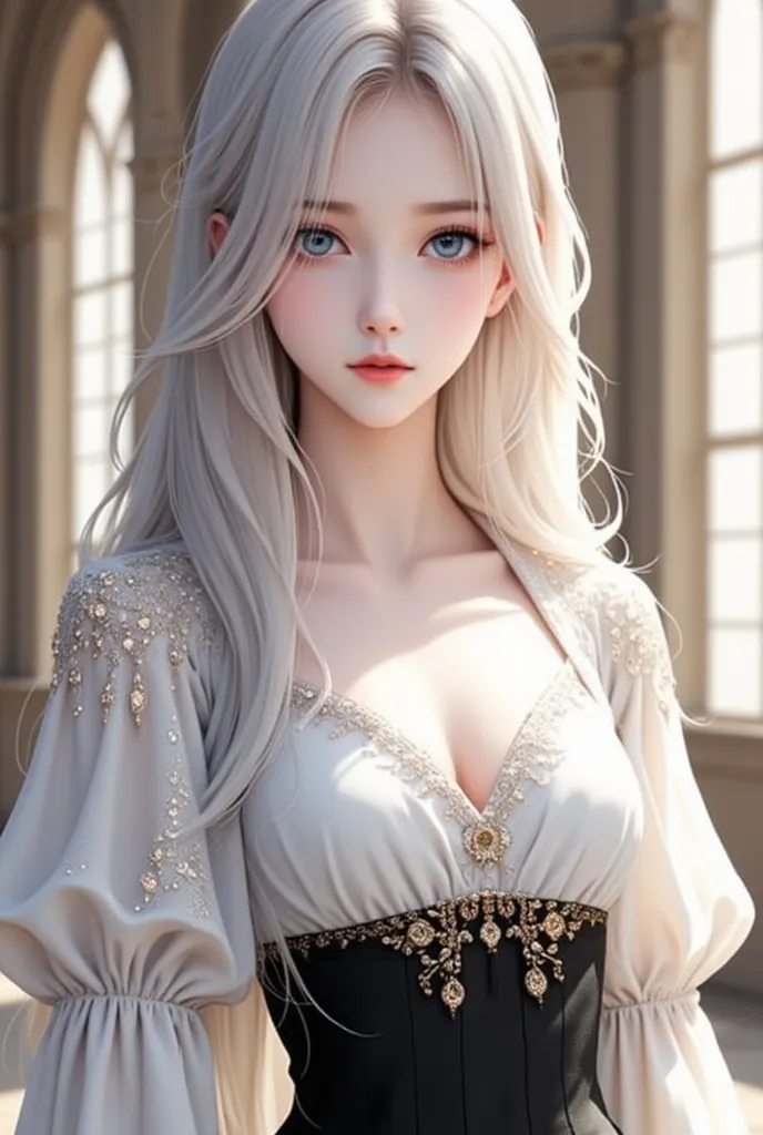  a digital artwork, specifically a portrait. It features a person with long, wavy, silver hair and striking blue eyes. The individual is dressed in a white, intricately embroidered blouse with puffed sleeves and a black waistband adorned with gold embellis...