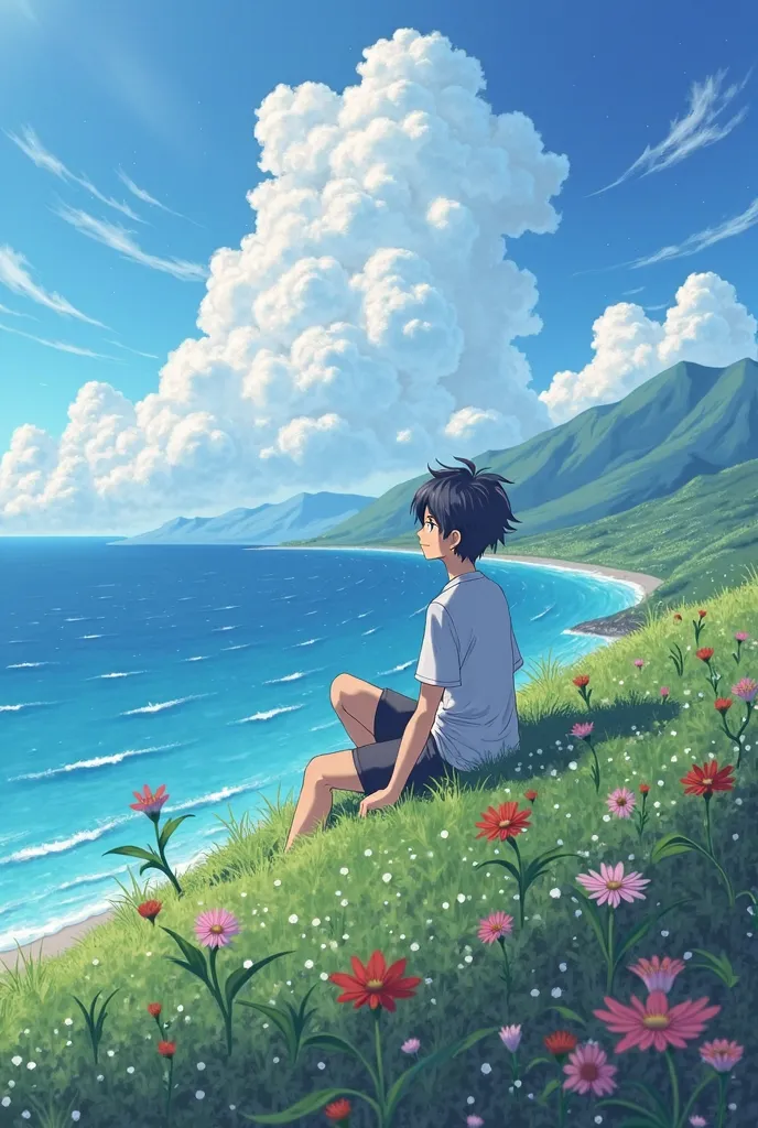 anime boy sitting on a hill overlooking the ocean and flowers, anime beautiful peace scene, beautiful anime scene, beautiful anime scenery, beautiful anime, anime nature, makoto shinkai cyril rolando, anime nature wallpap, beautiful anime artwork, anime sc...