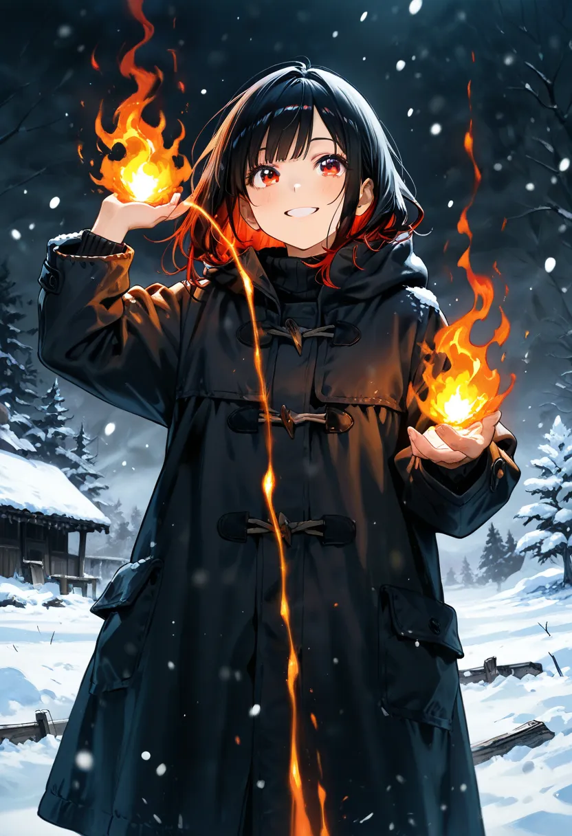 An anime woman stands in a snowy Abandoned Town.  She wears a cool long black coat and has very beautiful red eyes. afterglow  trail. beautiful black hair with red inner color, and the melted ground turned into lava and splattered around, glowing extremely...