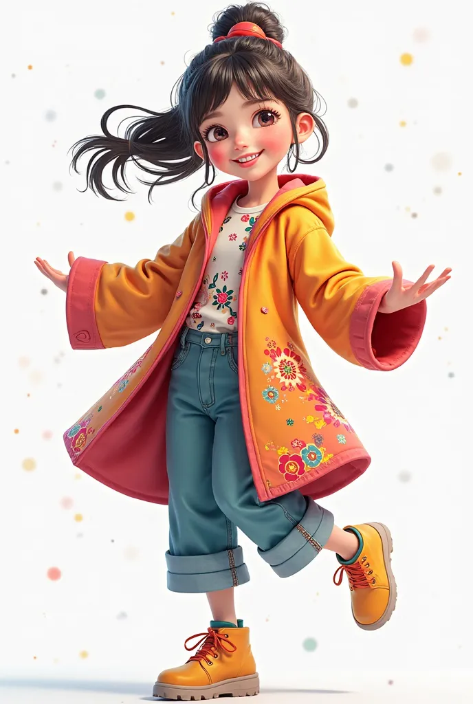 create an image of a beautiful smiling girl, dynamic youth costumes, standing, split png background