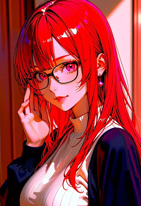 1 woman, long hair, red hair, pink eyes, wearing glasses, wearing casual clothes