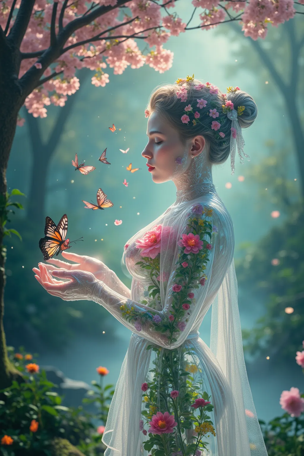 Create a surreal scene featuring a transparent female figure crafted from real glass, elegantly filled with vibrant, blooming flowers. This enchanting figure is gracefully intertwined with a cherry tree, which appears to bloom with ethereal light, casting ...