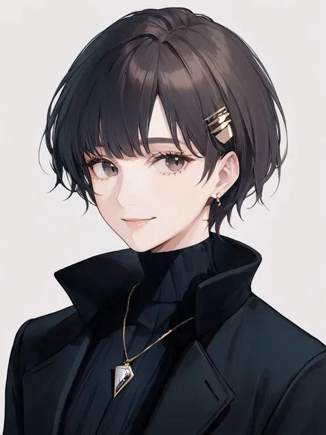 super detailed,(best quality),((masterpiece)),(Hi-Res),original,extremely, sagitales、Eyebrows、 Smile、Wear a black coat with a white high neck、 Hair、Short Hair、thin macho、Tall、Age 25、Bangs are banged up、 necklace、Tilt your neck and look at this