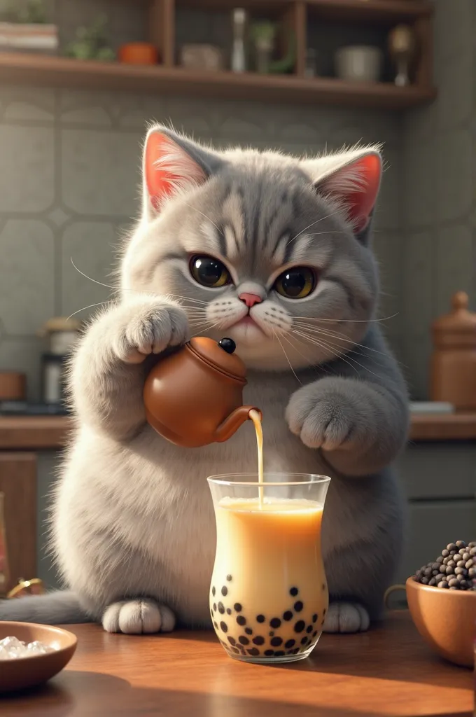 7. Pouring Milk Tea into a Glass of Command: "A plump Scottish Fold cat with grey mottled fur, carefully pours the milky tea from the jug into a transparent tall glass containing black tapioca pearls. The thick, soft tea swirls beautifully when mixed with ...