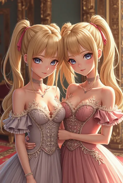 blond beautiful girls with double ponytails，The family has tens of billions of big，Face，Tsundance is reflected in the face，Palace background，to wear the dress，Top quality and details