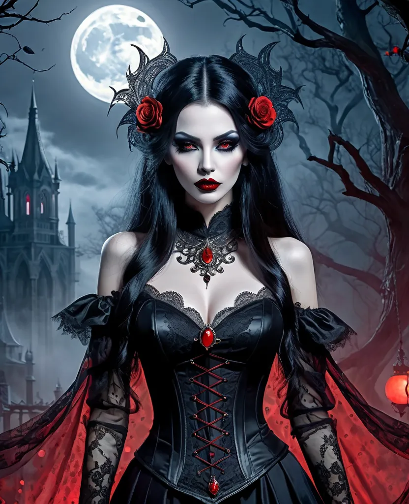 Gothic, dark fantastic scene containing a European woman with long, flowing black hair and striking red lips. It wears a Gothic style, decorated with intricate lace and shiny ornaments. Against the background, a large, sinister red moon is dominated, which...