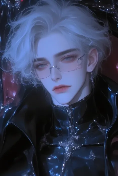 1 man(male),  half body, Asiatic of Korean origin , Young, Prince, There are blue eyes (  slanted eyes)  and white hair  (  organized  ),  have their mouths closed ,  he wears a black prince uniform made of leather,   he has a serious look , sexy expressio...