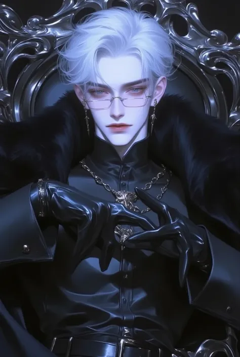 1 man(male),  half body, Asiatic of Korean origin , Young, Prince, There are blue eyes (  slanted eyes)  and white hair  (  organized  ),  have their mouths closed ,  he wears a black prince uniform made of leather,   he has a serious look , sexy expressio...