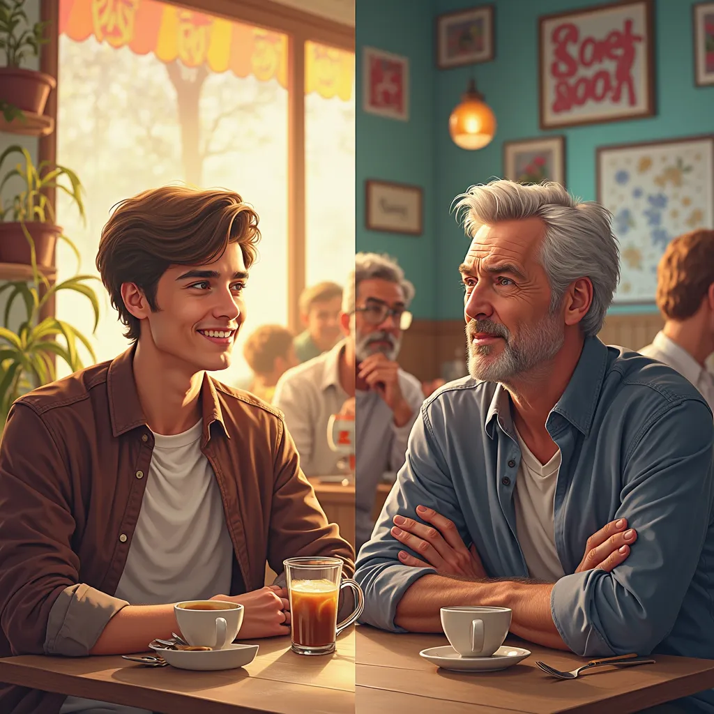 A two-panel photorealistic.  Left panel : light,  dynamic scene, where a young man radiates energy and carelessness, enjoying the moment — maybe, sitting in a cozy cafe alone, with a big smile and a relaxed look. The background is decorated in bright, chee...