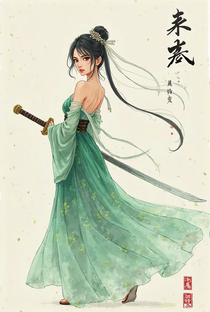 I want to make a novel cover。There is a girl in a light green costume on the cover，The fabric of the dress is a dress，tube top costume。Toushan has very few hair ornaments，There is only a white streamer tied to the hair，The girl stands with a sword face and...