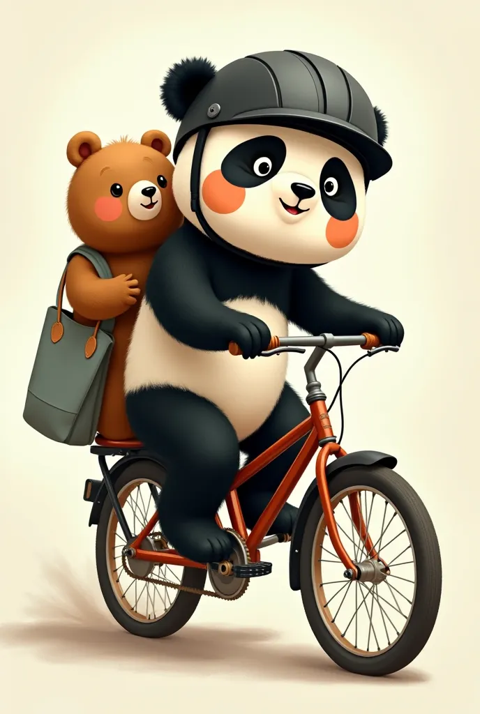 panda and brown bear riding bike, wearing black helmets, brown bear wearing grey tote bag on left shoulder, panda drive the bike