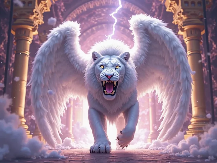 A majestic white lion, depicted as an angelic creature, is positioned in the center of the image.  The lion has large, detailed wings spread out behind it, reminiscent of an angel.  Its fur is a pure, bright white, and it has piercing, the lion's eyes glow...