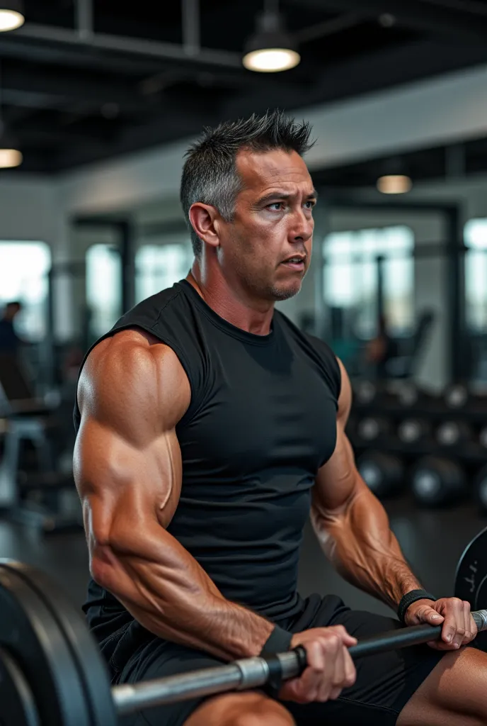 "A 50-year-old Mexican man, black hair with a muscular build and in excellent physical shape, is lifting a barbell with 100 kilos sitting on an inclined bench in a modern gym. His face is serious and focused, with of sweat on his forehead while lifting a b...