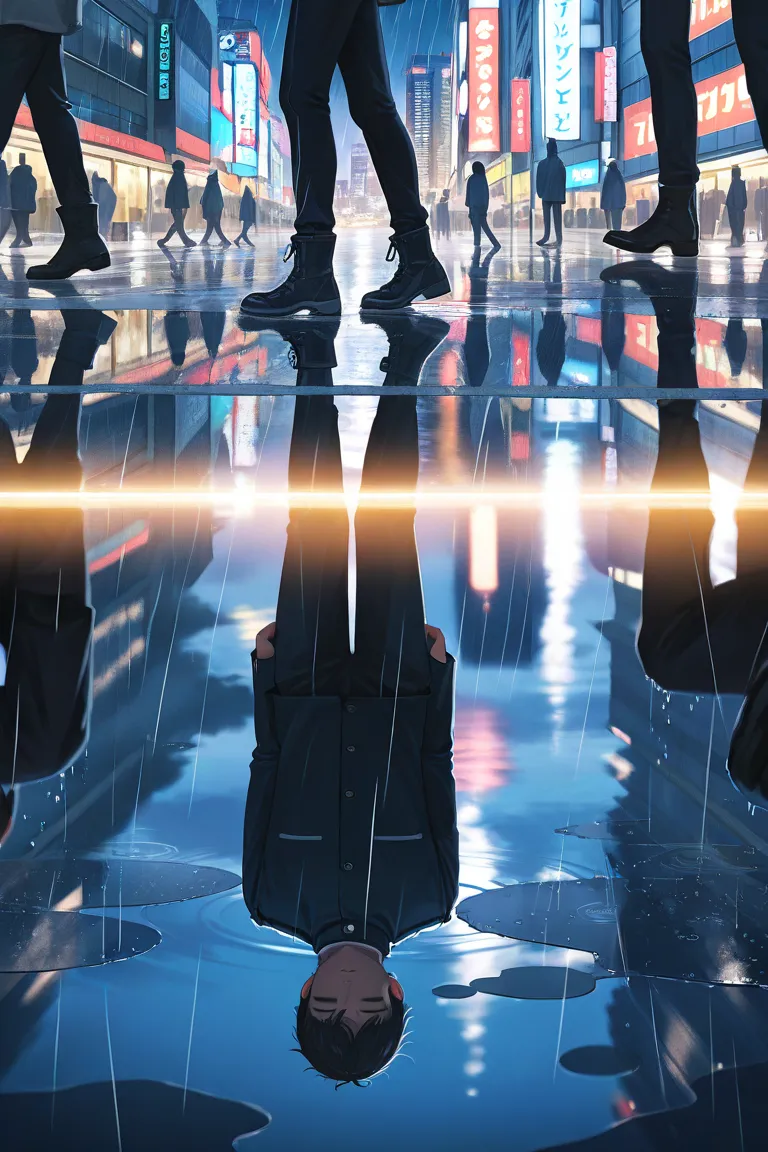 multiple boys, long sleeves, 2boys, walk, piggyback, outdoors, sky, shoes,  rain, cloud, water, building, boots, scenery, reflection, citylight, tokyo, night, puddle, reflective water, reflective floor, different reflection, front view, solo focus, head ou...