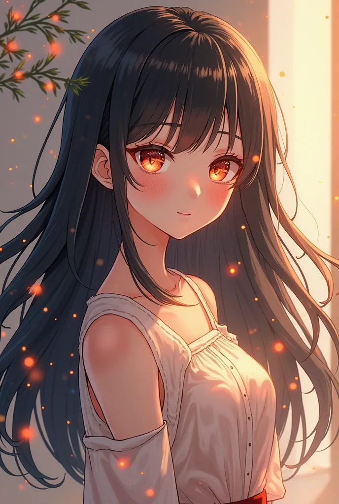 In anime , make a  girl , she has black long hair with orange colour eyes and beautiful figure ( with new and beautiful cute face shape )