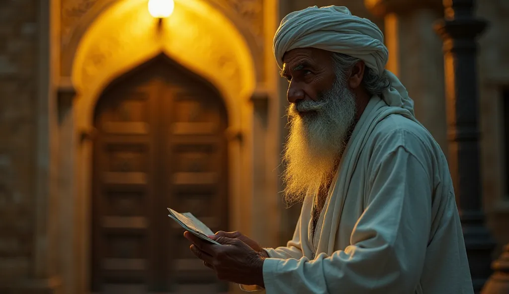 "Under the dim yellow glow of a lone streetlamp outside the mosque, an old man with a long, flowing white beard and wise, piercing eyes stands with a calm and knowing presence. His wrinkled hands hold a small, slightly crumpled envelope, which he extends t...