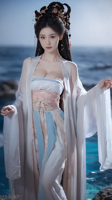 {4k Ultra HD }，An original full-body photo of an ancient beauty from the Han Dynasty，The picture shows a beautiful ancient woman wearing a Hanfu looking down at the camera，E cup，Deep V，Deep cleavage， to your navel，（（ with white stockings wrapped around her...