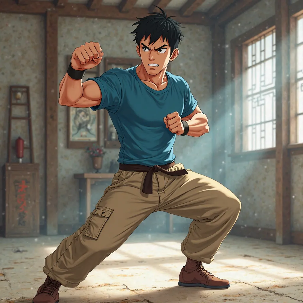 The martial artist was a man, thirty years old, wearing a blue T-shirt, light brown pants and brown shoes. He was Chinese with short black hair, anime style “History's Strongest Disciple Kenichi”