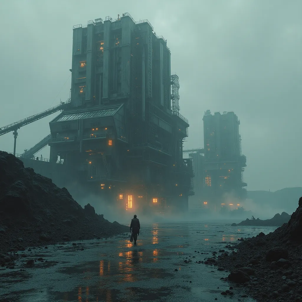 science fiction, high technology, grim planet, futuristic industrial complex at work, depressing, dirty, very detailed, huge, complicated, large, functional, crowdy, luminous, massive scale, old, otherworldly, calm, rainy, realistic, surface detail, dramat...