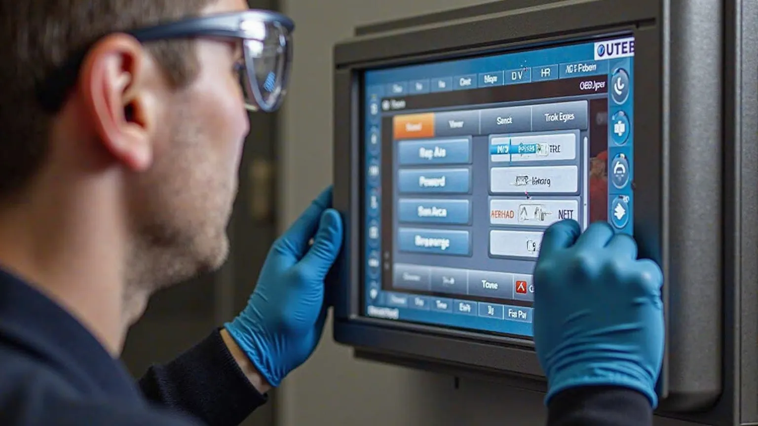 A technician wearing safety goggles and gloves calibrating the laser welding machine's settings on its touchscreen interface. The display shows options for power, pulse frequency, and focus adjustment, emphasizing the importance of proper machine setup for...