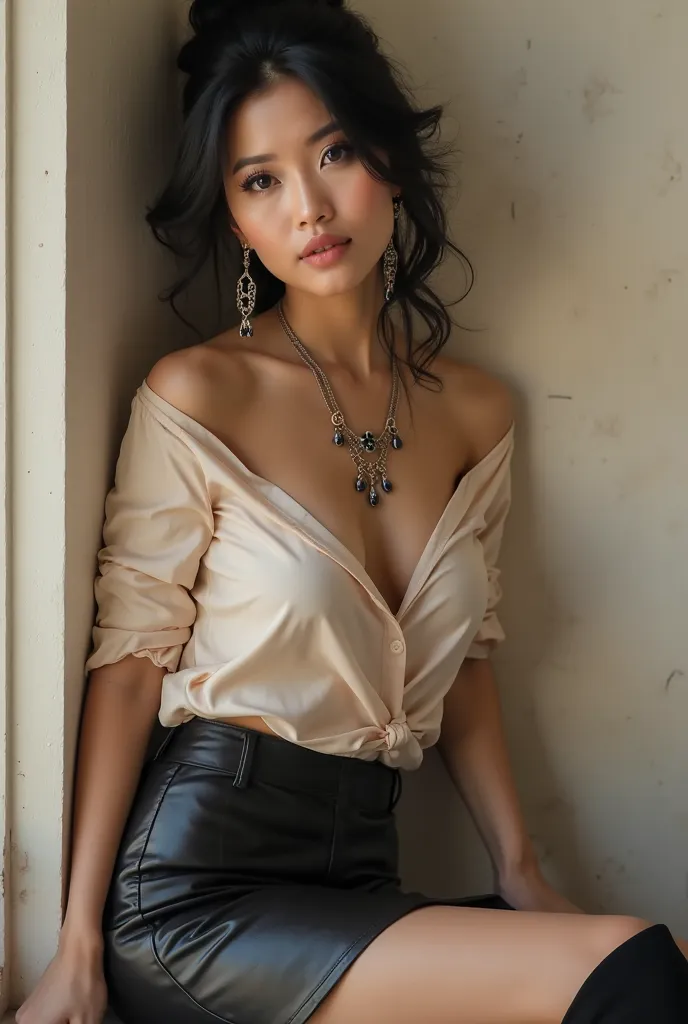 An Award Winning Portrait of a confident beautiful Asian woman with black wavy hair in a loose updo, dressed in a beige silk off-the-shoulder shirt, black leather skirt, knee-high boots, cat eye make-up,  beautiful eyes and face, resting against a wall wit...