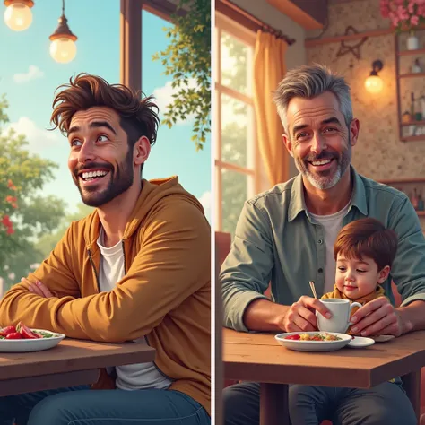 A two-panel photorealistic.  Left panel : light,  dynamic scene, where a young man radiates energy and carelessness, enjoying the moment — maybe, sitting in a cozy cafe alone, with a big smile and a relaxed look. The background is decorated in bright, chee...