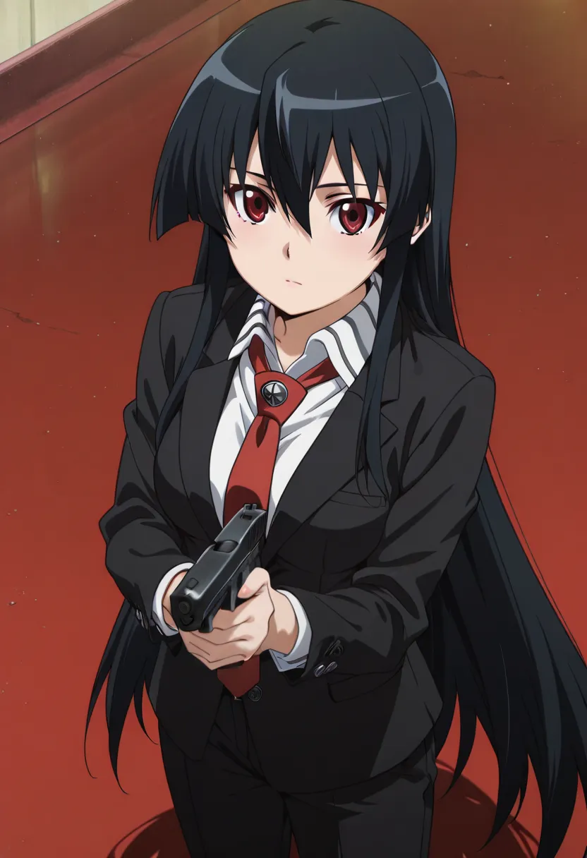 akame-illustxl, 1girl, solo, Akame, red_eyes, black_hair, very_long_hair, hair_between_eyes, medium_breasts, suit, jacket,white shirt,shirt, pants, necktie,anime, screencap, anime coloring,(masterpiece),(best quality),(ultra-detailed),(best illustration),(...