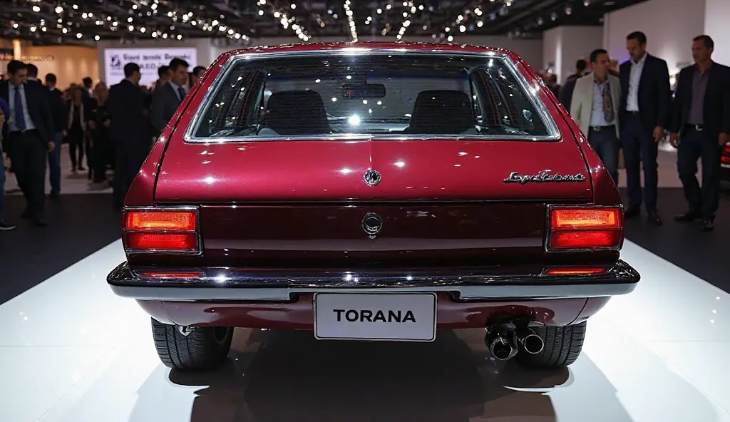 Prompt:
"A full straight back view of a 2025 Holden LX Torana in deep maroon color. The car should have a modern and aggressive rear design with sleek LED taillights, a sporty rear bumper, and dual exhausts. The name 'TORANA' should be clearly visible on t...