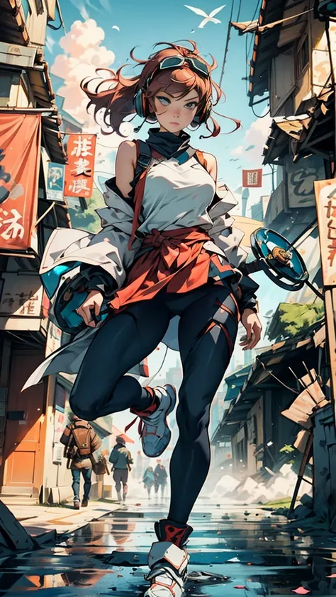 （Woman wearing a set made of future technology，配有發光頭部防護頭盔and胸部防護，Helmet with goggles for eye protection，Headphones worn over the ear and connected to communication devices，animation，CG，Female Rider Body，Woman in Knight's Armor，Green Futurist Armor Web Kit，...