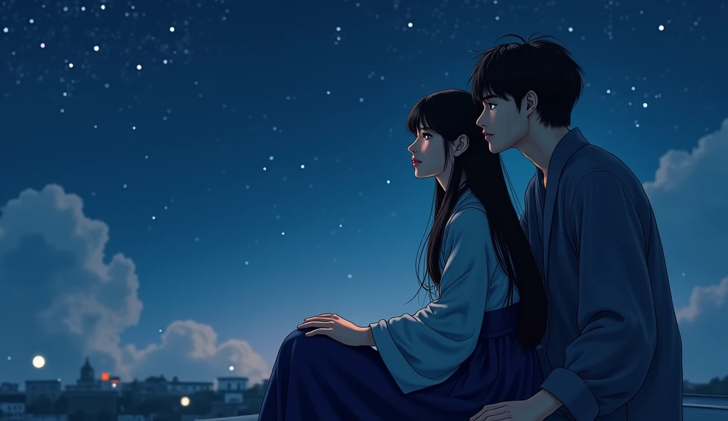 **4K Ultra HD, Realistic Image Prompt:**  

*"A beautiful 18-year-old girl with long, flowing black hair sits on a rooftop at night, her eyes glistening with unshed tears as she looks at the young man beside her. She wears a traditional yet elegant outfit,...