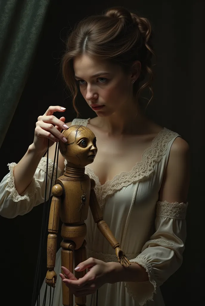 A woman controlling a puppet 
